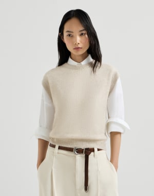 Sparkling mohair and wool T-shirt Ivory Woman - Brunello Cucinelli