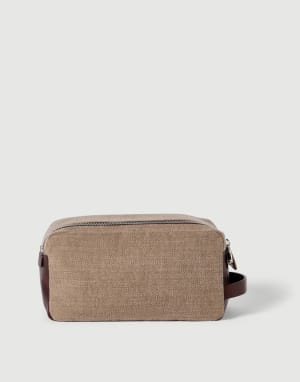 Canvas and burnished calfskin beauty case Leather Man - Brunello Cucinelli