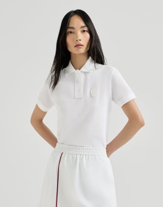Poloshirt aus Baumwollpikee mit Stretch mit Logo Weiß Damen - Brunello Cucinelli