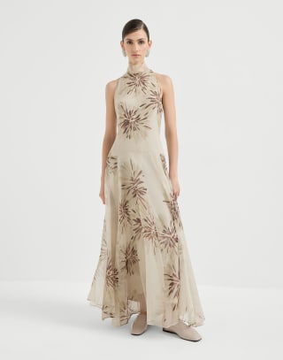 Bloom print organza dress Beige Woman - Brunello Cucinelli