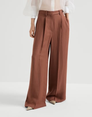 Fluid twill wide trousers with monili Firebrick Woman - Brunello Cucinelli