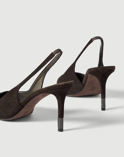 Slingbacks à talon en daim ornés de Monile Poivre Femme - Brunello Cucinelli