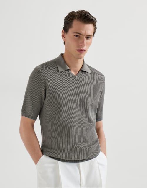 Cotton English rib knit polo Khaki Man - Brunello Cucinelli