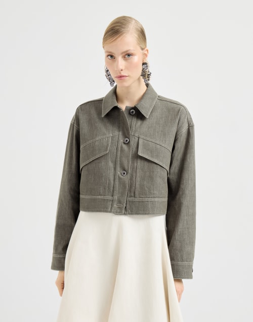 Denim-effect twill outerwear jacket Olive Woman - Brunello Cucinelli