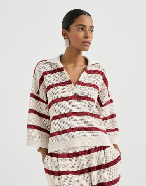 Cotton striped net knit polo shirt Bordeaux Woman - Brunello Cucinelli