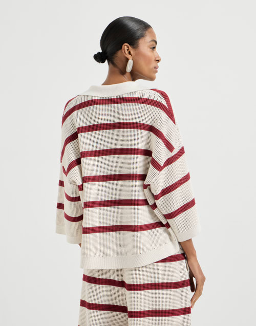 Cotton striped net knit polo shirt Bordeaux Woman - Brunello Cucinelli
