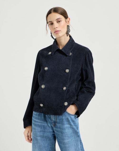 Couture suede cropped pea coat Blue Woman - Brunello Cucinelli
