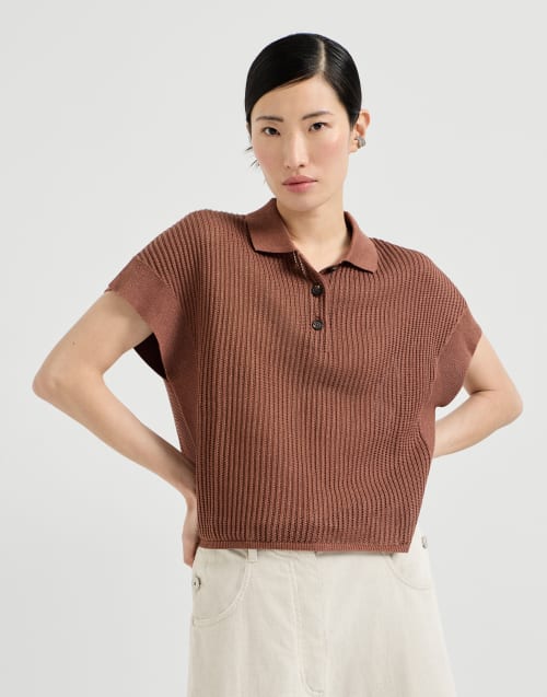 Ribbed net polo shirt Firebrick Woman - Brunello Cucinelli