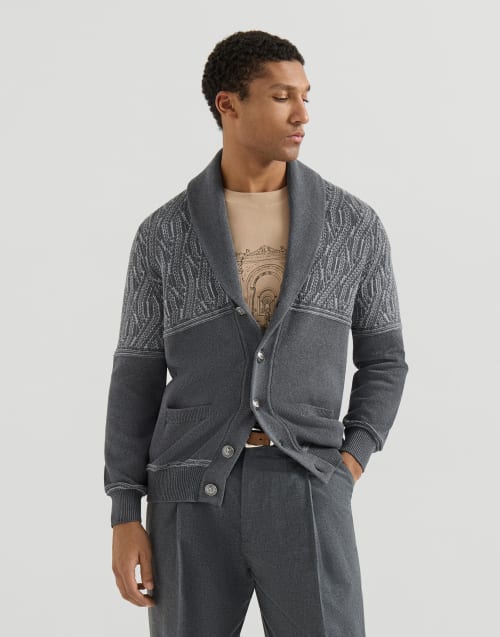 Cardigan with shawl collar for Man in Medium Grey | Brunello Cucinelli