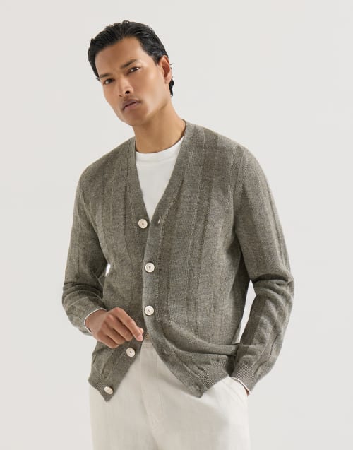 Linen and cotton cardigan for Man in Olive | Brunello Cucinelli