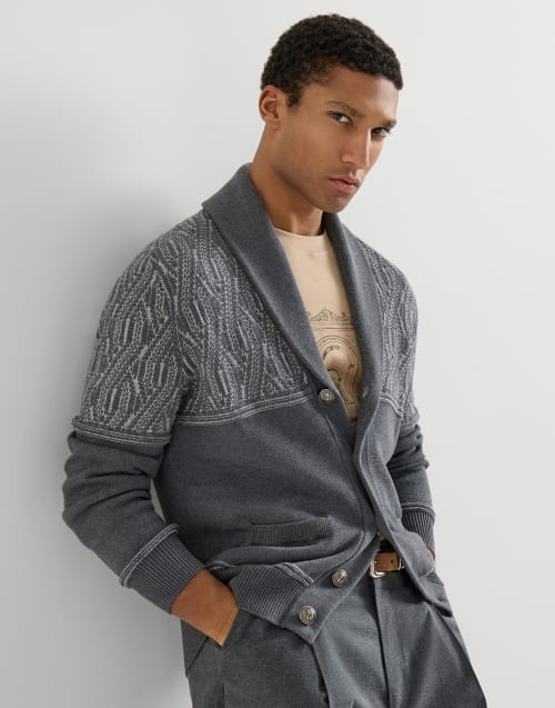 Cardigan with shawl collar for Man in Medium Grey | Brunello Cucinelli