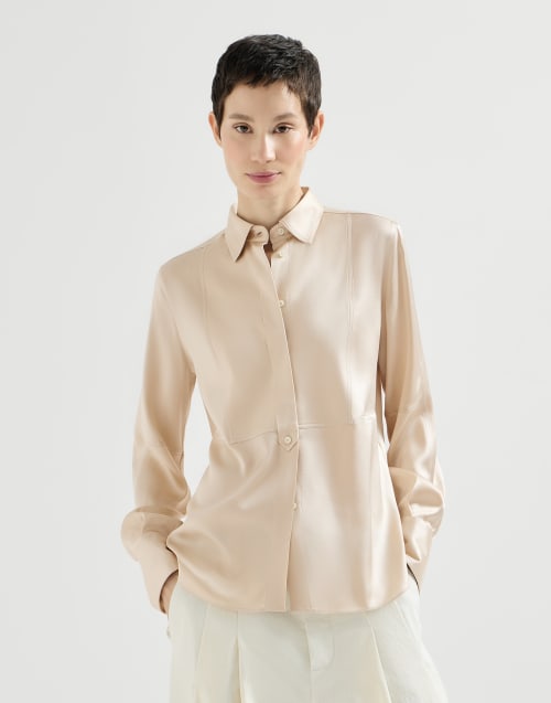 Stretch silk satin shirt for Woman in Sand | Brunello Cucinelli