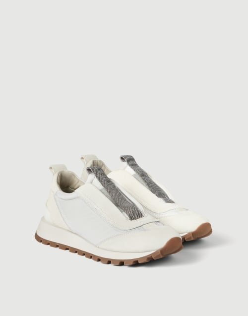 Runners in camoscio e tessuto techno Bianco Donna - Brunello Cucinelli