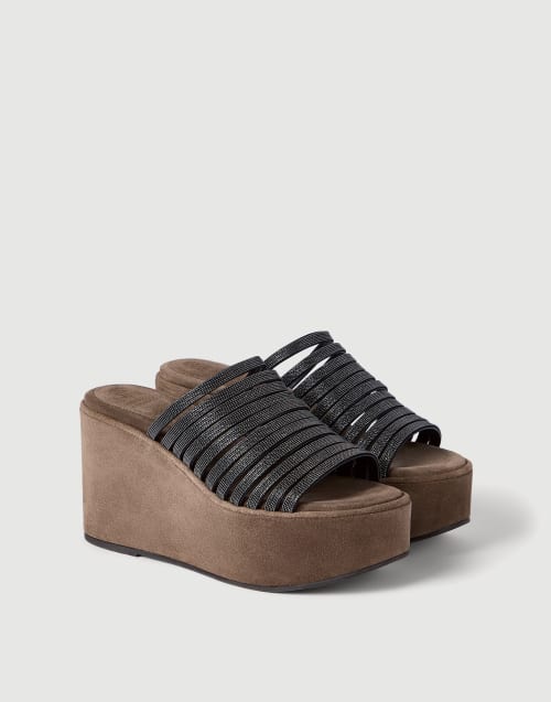 绒面革坡跟鞋 黑色 女款 - Brunello Cucinelli