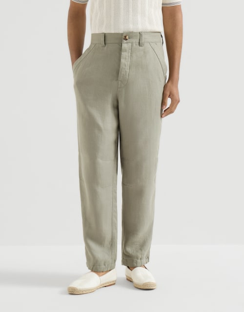 Linen trousers with drawstring for Man in Sage | Brunello Cucinelli