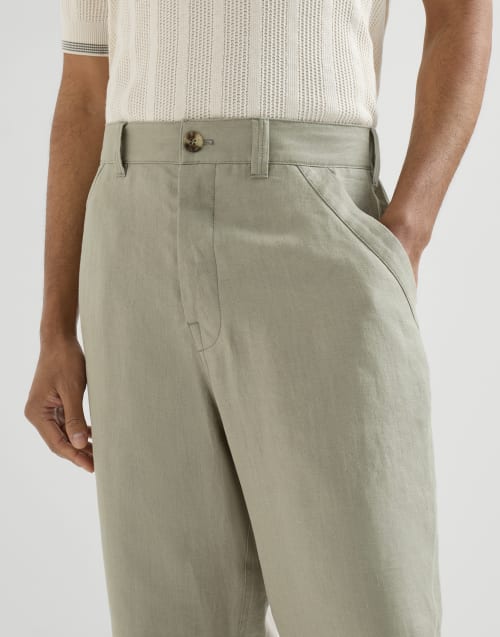 Linen trousers with drawstring for Man in Sage | Brunello Cucinelli