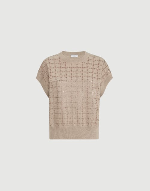 Knit with dazzling windowpane embroidery for Woman in Beige