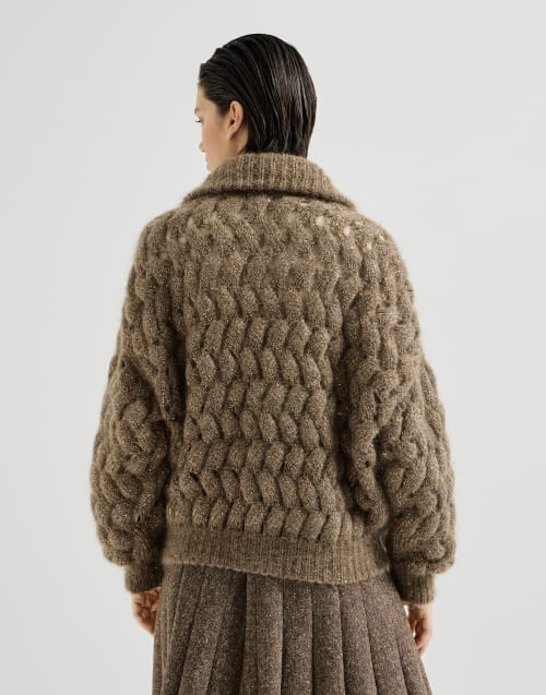 BRUNELLO CUCINELI カーディガン カシミヤシルク アシンメトリー Dazzling Zigzag Cables cardigan for Woman in Bark | Brunello Cucinelli