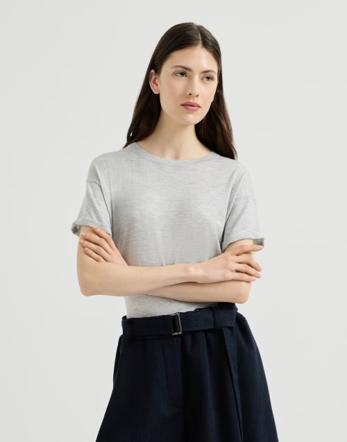 Cashmere and silk knit T-shirt for Woman in Light Grey | Brunello