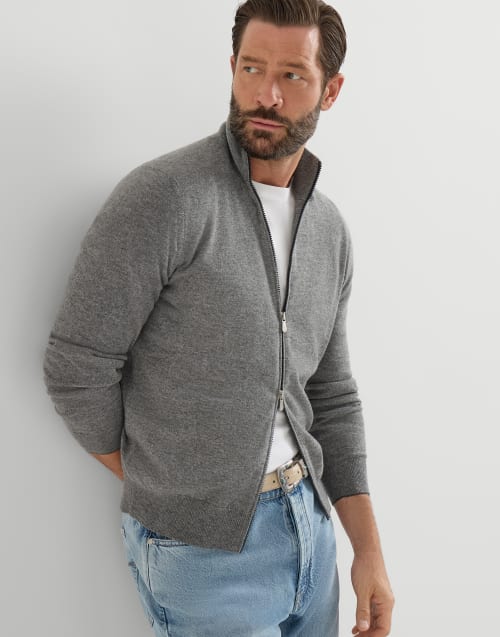 Cashmere high-neck cardigan with zipper for Man in Grey | Brunello
