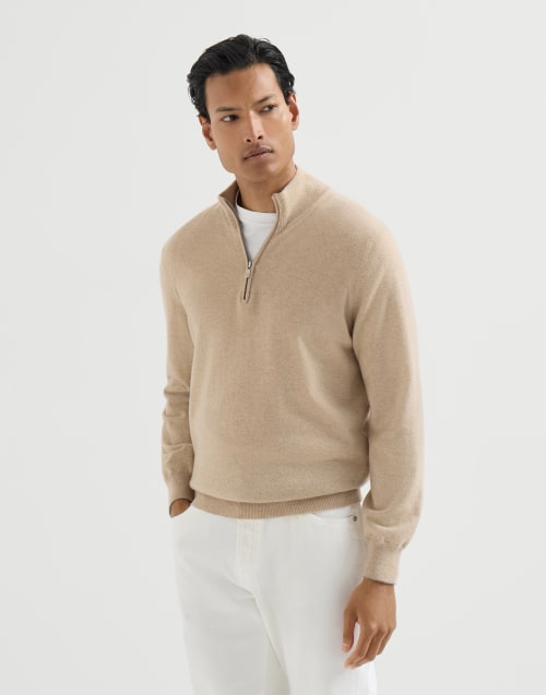 Cashmere sweater with half zip for Man in Beige | Brunello Cucinelli