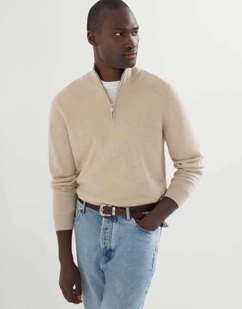 Cashmere sweater with half zip for Man in Sand | Brunello Cucinelli