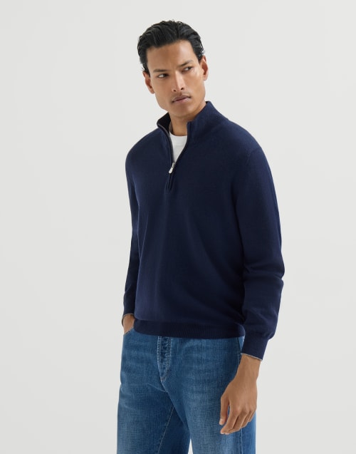 Cashmere sweater with half zip for Man in Navy Blue | Brunello