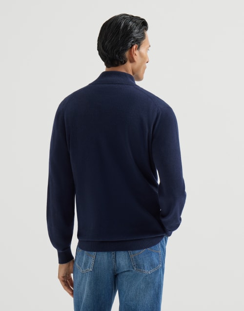 Cashmere sweater with half zip for Man in Navy Blue | Brunello