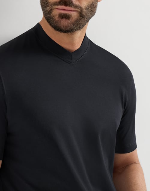 Cotton jersey V-neck T-shirt for Man in Navy Blue | Brunello Cucinelli