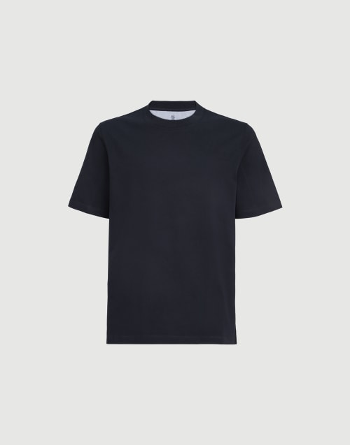Cotton jersey V-neck T-shirt for Man in Navy Blue | Brunello Cucinelli