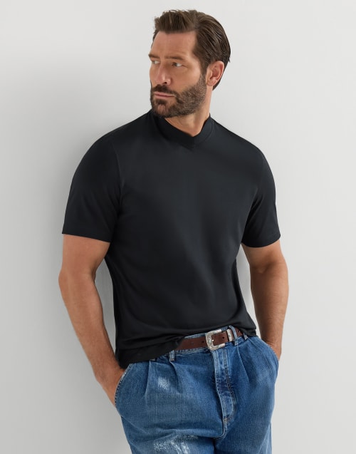 Cotton jersey V-neck T-shirt for Man in Navy Blue | Brunello Cucinelli