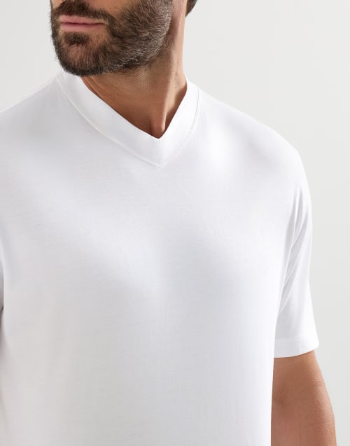 Cotton jersey V-neck T-shirt for Man in White | Brunello Cucinelli