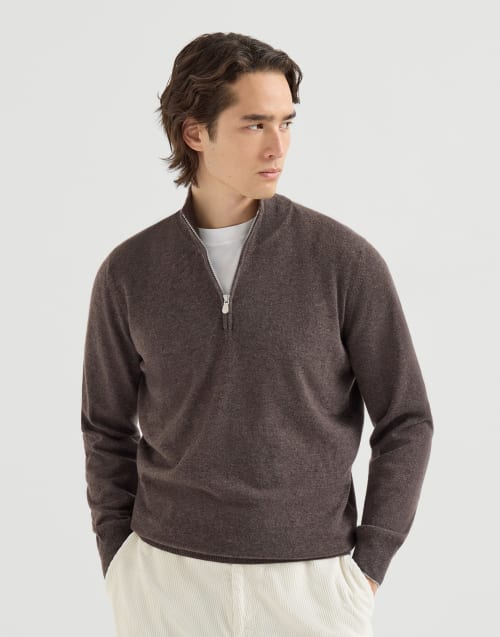 Cashmere sweater with half zip for Man in Brown | Brunello Cucinelli
