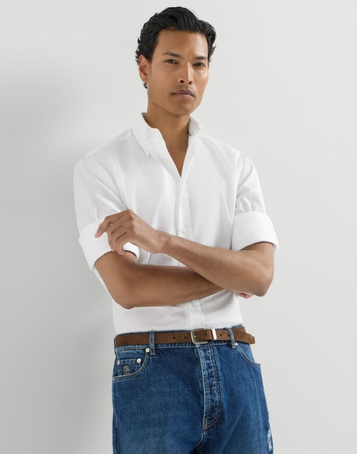 Camisa de sarga con cuello abotonado Blanco Hombre - Brunello Cucinelli