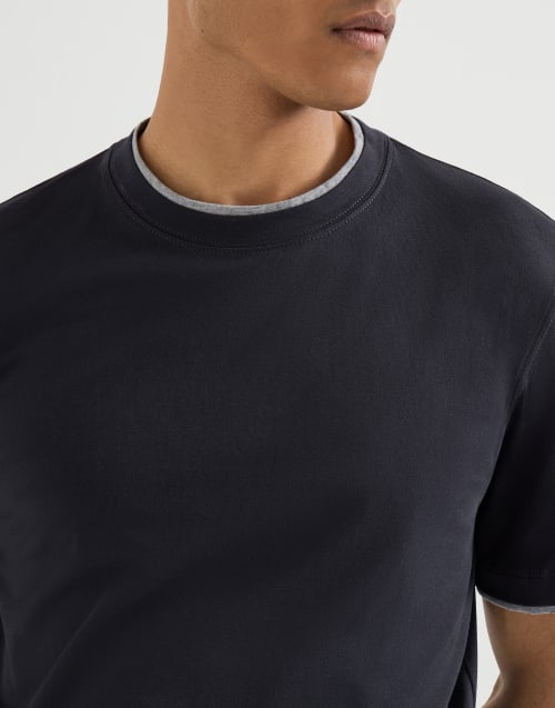 T-shirt with faux-layering for Man in Cobalt | Brunello Cucinelli