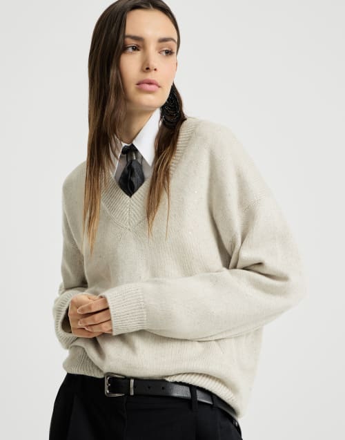 BRUNELLO CUCINELLI カシミヤセーター アイボリー Cashmere and silk diamond yarn sweater for Woman in Ivory