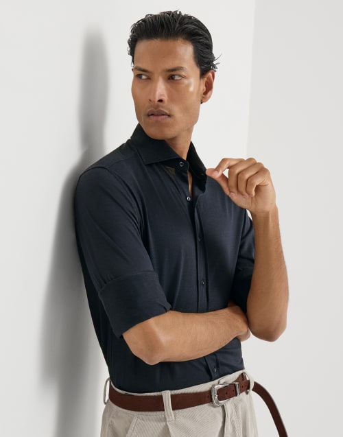 Lightweight jersey shirt for Man in Blue | Brunello Cucinelli