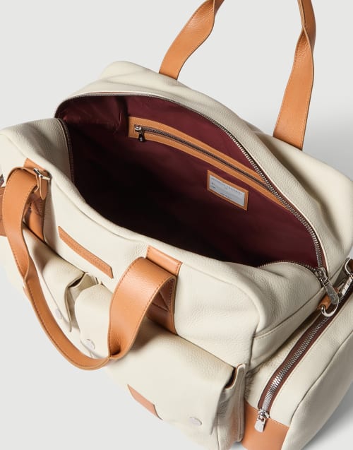 Grained calfskin leisure bag for Man in Ivory | Brunello Cucinelli