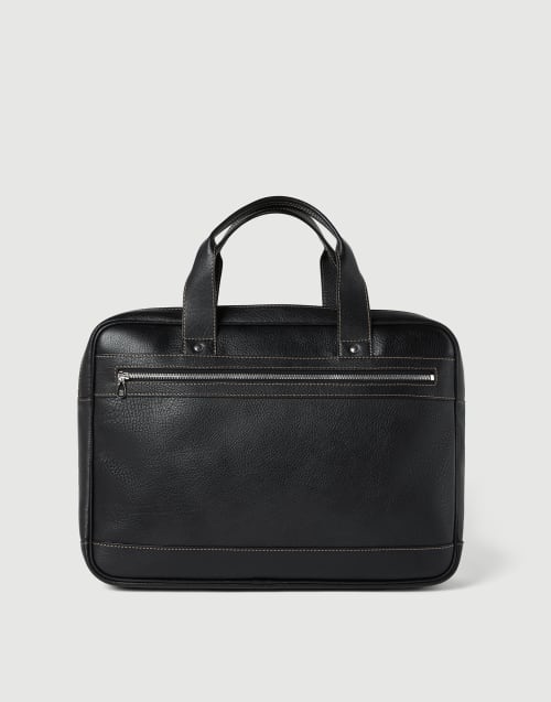 Grained calfskin briefcase with zipper for Man in Black | Brunello