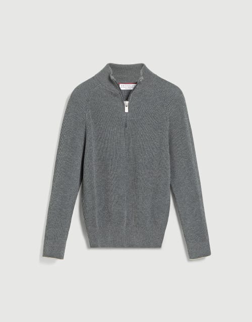 English rib sweater with half zip for Boys in Lead | Brunello
