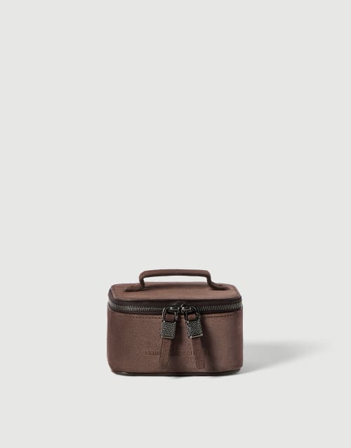 Kleiner Schmuckbehälter aus Veloursleder für Damen in Cappuccino