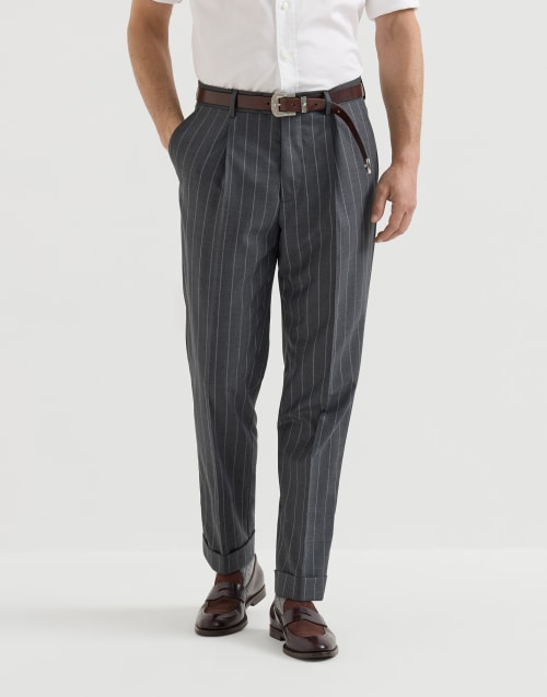 Pinstripe batavia trousers with pleats for Man in Grey | Brunello