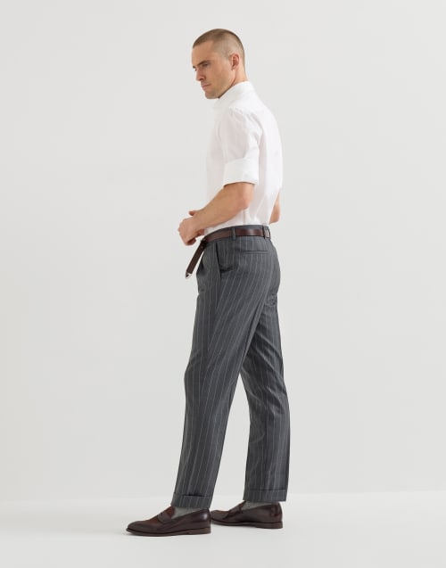 Pinstripe batavia trousers with pleats for Man in Grey | Brunello