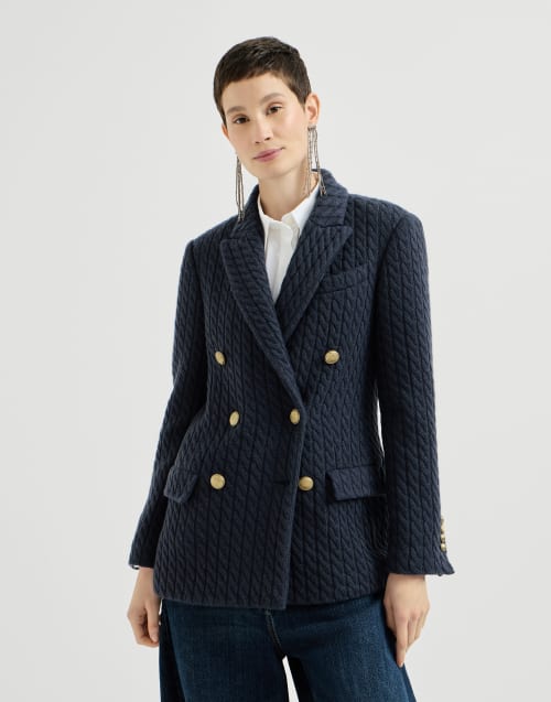 レディース 向け ブルー カシミヤ ケーブルニット ジャケット 