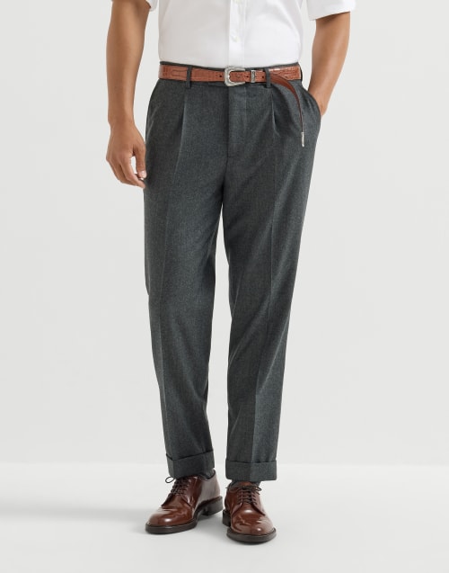 Virgin wool flannel trousers for Man in Dark Grey | Brunello Cucinelli