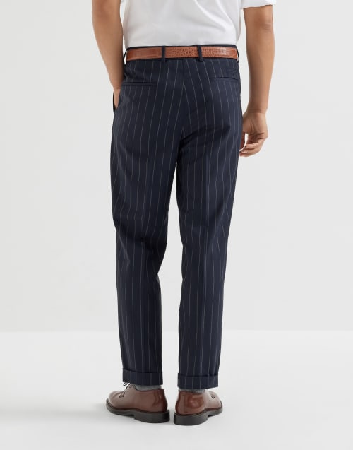 Pinstripe batavia trousers with pleats for Man in Blue | Brunello