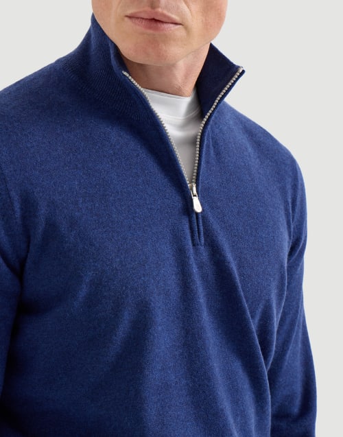 Cashmere sweater with half zip for Man in Blue | Brunello Cucinelli