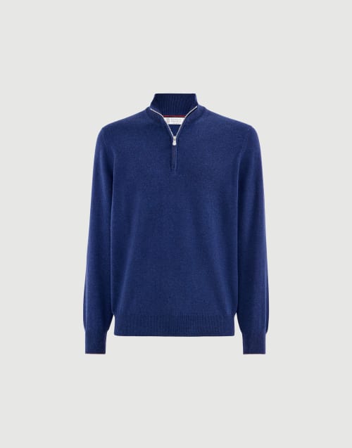 Cashmere sweater with half zip for Man in Blue | Brunello Cucinelli