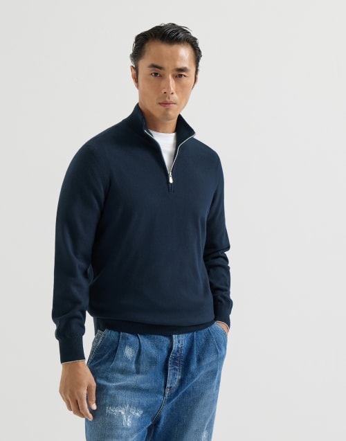 Vicuña zip-up sweater for Man in Blue | Brunello Cucinelli