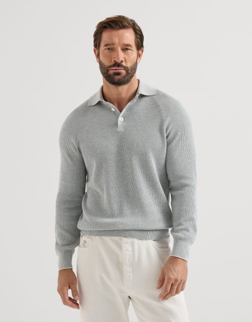 English Rib knit polo for Man in Light Grey | Brunello Cucinelli